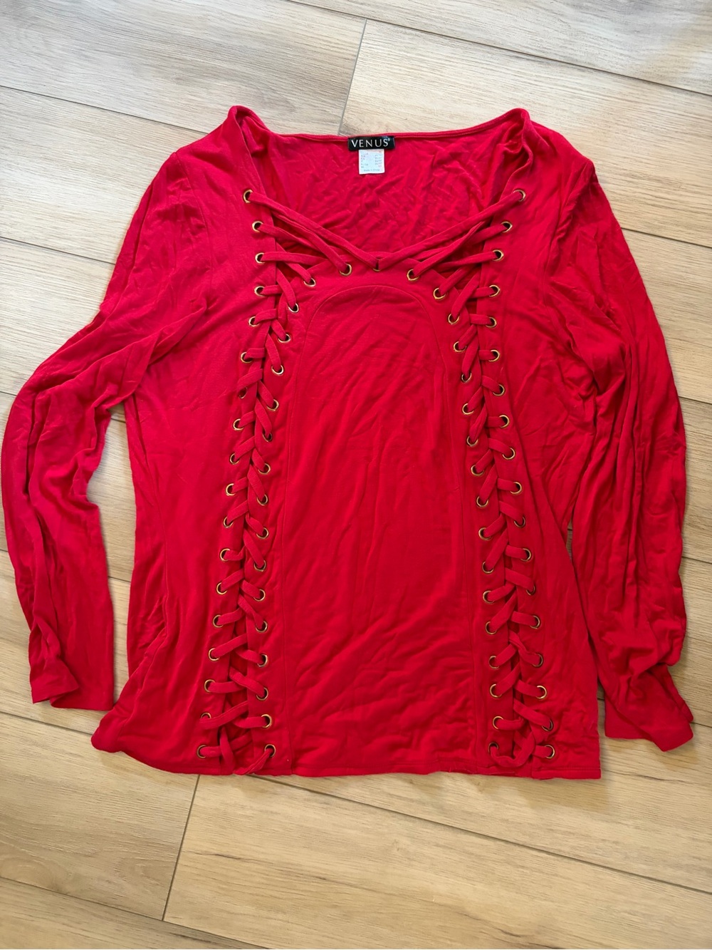 VENUS Red Lace-Up Long Sleeve Tee